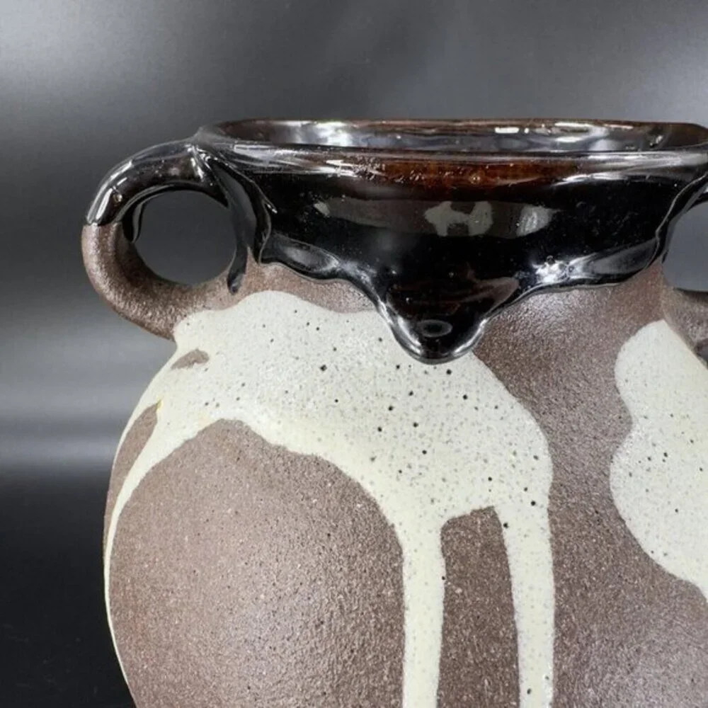 W Germany Pottery‎ Lava Glaze Vase Vessel Brown Drip Glaze RedWare With Handles
